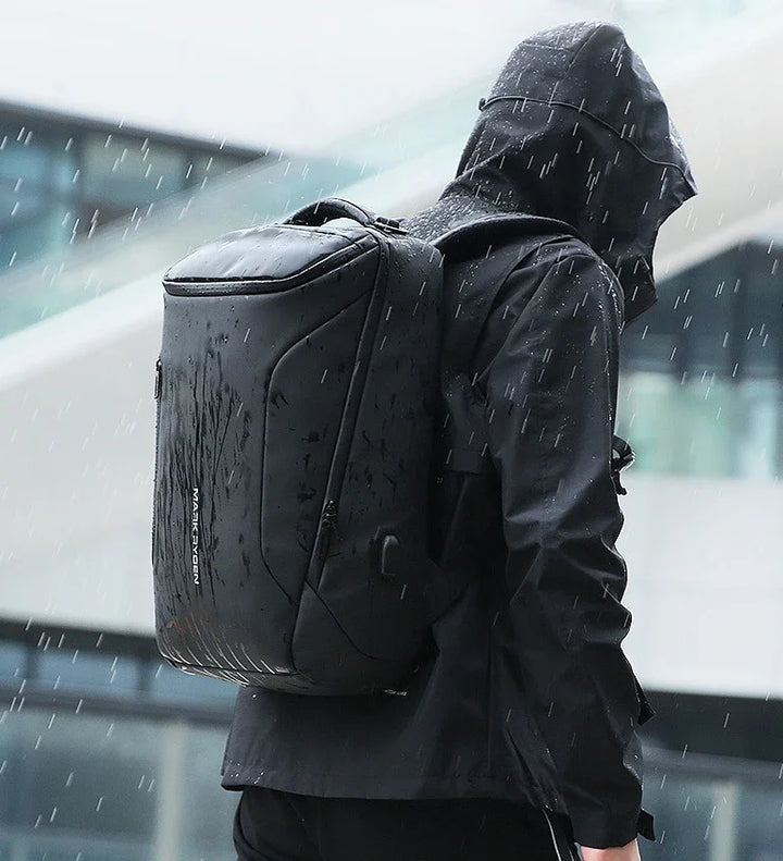 Person wearing black rain jacket and sleek waterproof backpack in rainy urban setting