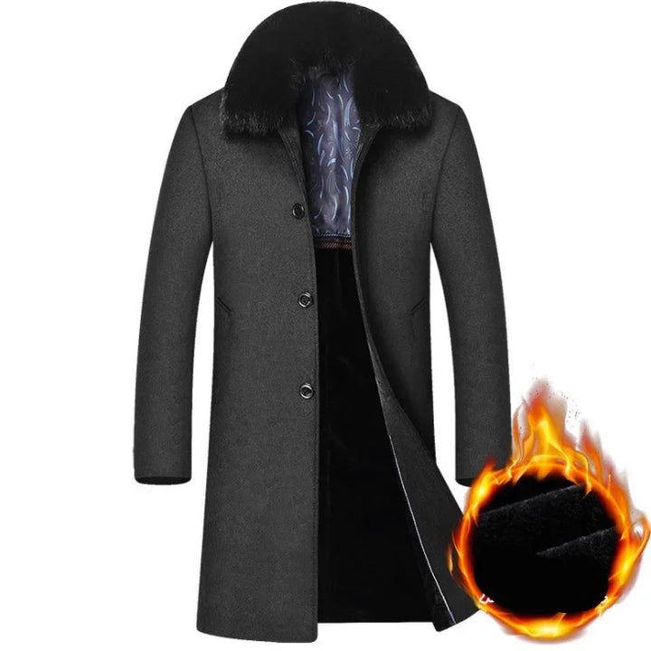 Dark grey men's winter coat with black fur collar and warm fleece lining shown with flame graphic