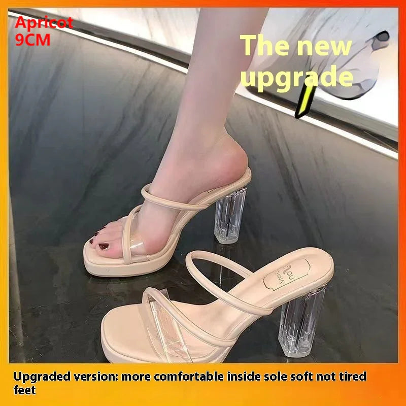 Apricot 9cm high heels with clear chunky heels and transparent straps, worn on foot