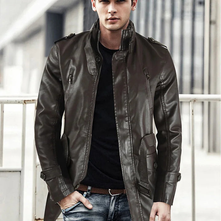 Man wearing stylish dark brown leather jacket with zippered pockets outdoors