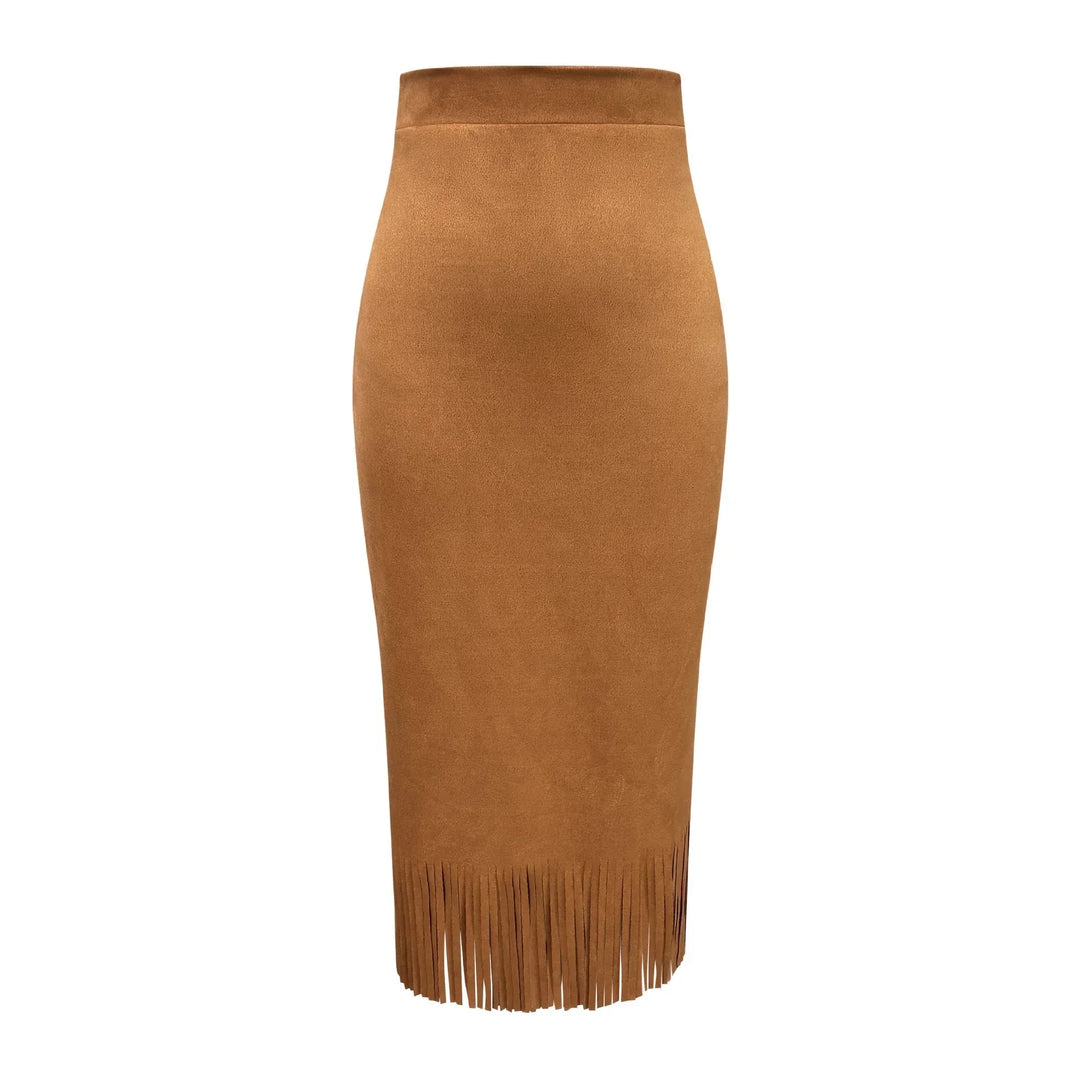 Brown suede pencil skirt with high waist and fringe hem detail on white background