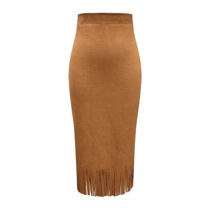 Brown suede pencil skirt with high waist and fringe hem detail on white background