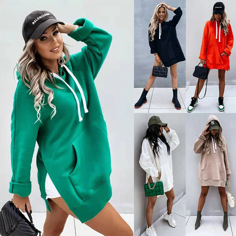 Women modeling oversized hoodies in green, black, orange, white, and beige with casual hats and footwear