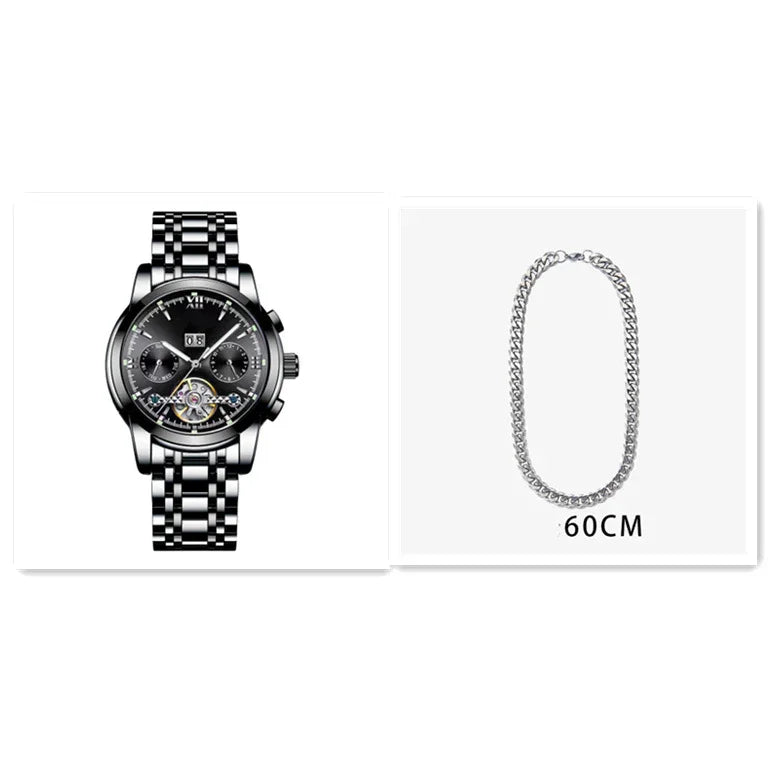 Black stainless steel men's wristwatch with multiple dials and silver chain necklace 60cm