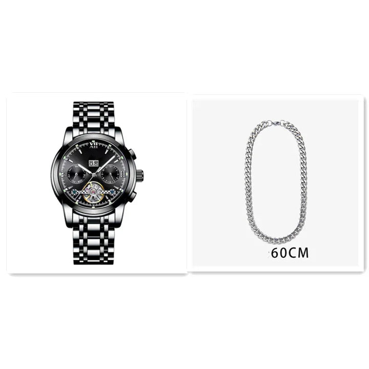 Black stainless steel men's wristwatch with multiple dials and silver chain necklace 60cm