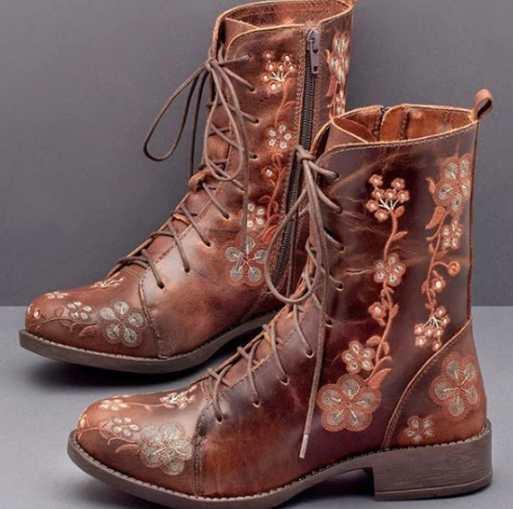 brown leather lace-up ankle boots with embroidered floral patterns and side zipper