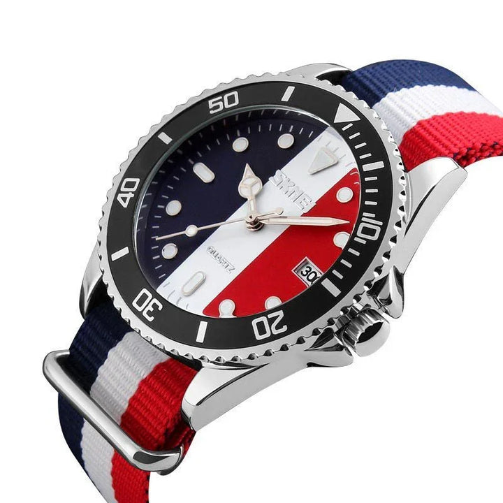Stainless steel diver watch with black bezel and red white blue striped nylon strap