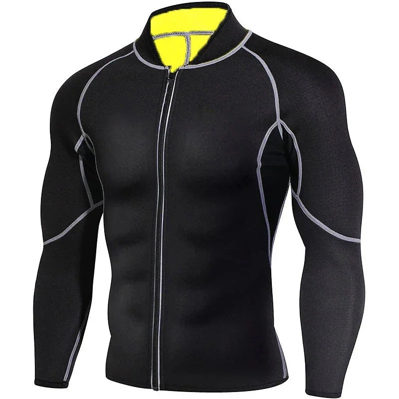 Black men's wetsuit jacket with full front zipper, long sleeves, and yellow lining