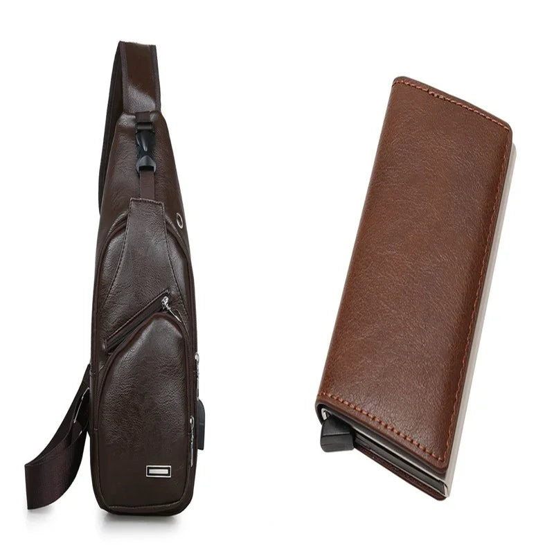 Dark brown leather sling bag with front zipper pocket and matching brown leather wallet