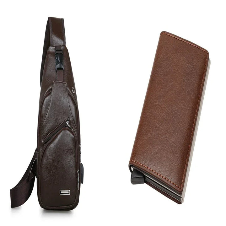 Dark brown leather sling bag with front zipper pocket and matching brown leather wallet
