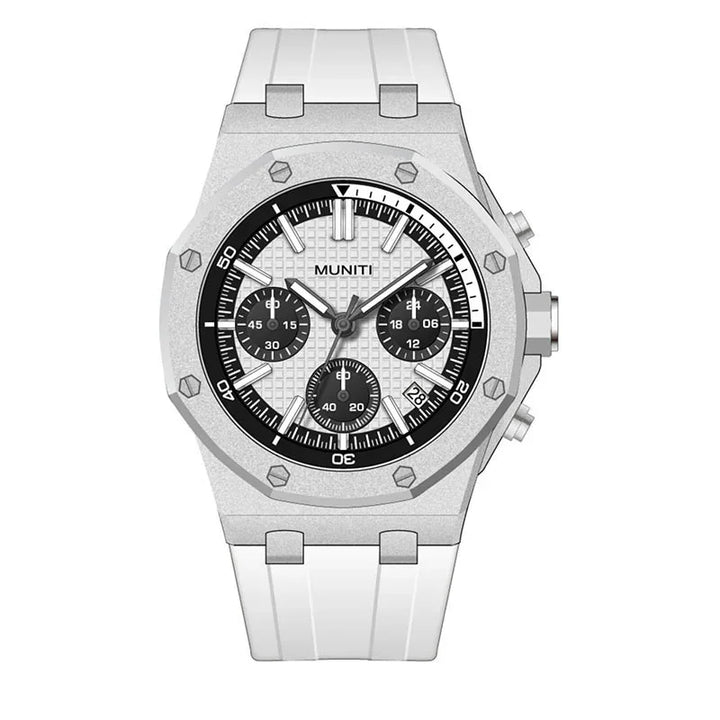 MUNITI chronograph wristwatch with white textured dial, black subdials, white strap, and silver octagonal bezel