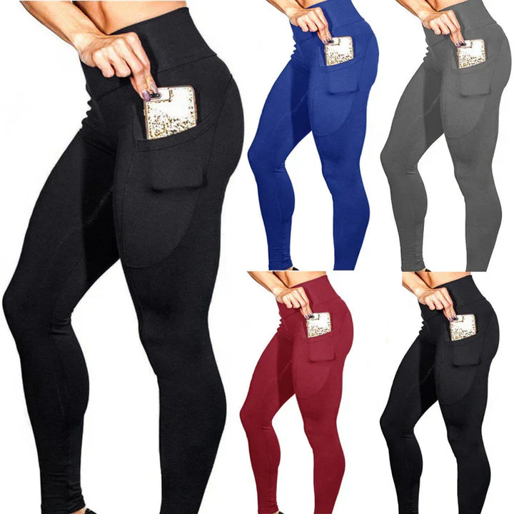 Women wearing high-waisted leggings with side pockets in black, blue, gray, and maroon, holding a phone
