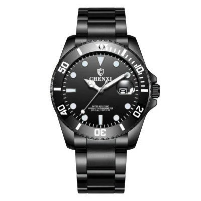 Black CHENXI men's wristwatch with stainless steel band, rotating bezel, and date display