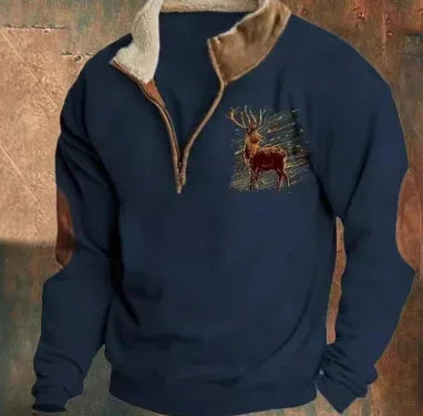 Navy blue pullover with brown collar and embroidered reindeer design on chest
