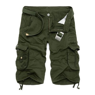 olive green cargo shorts with multiple pockets and integrated belt on white background
