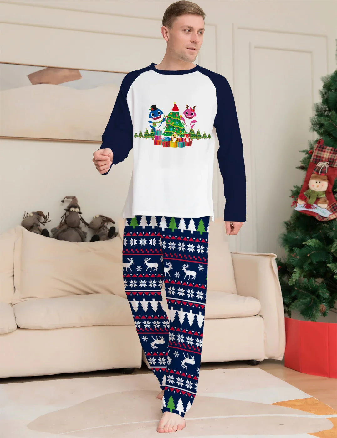Man wearing Christmas pajamas with holiday characters and festive patterns in cozy living room