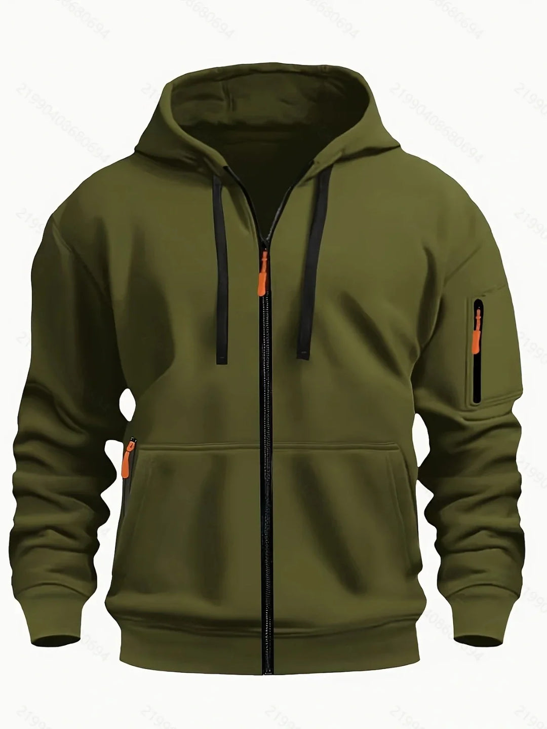 Men's olive green zip-up hoodie with black drawstrings and orange zipper pulls, featuring a front pocket and sleeve pocket