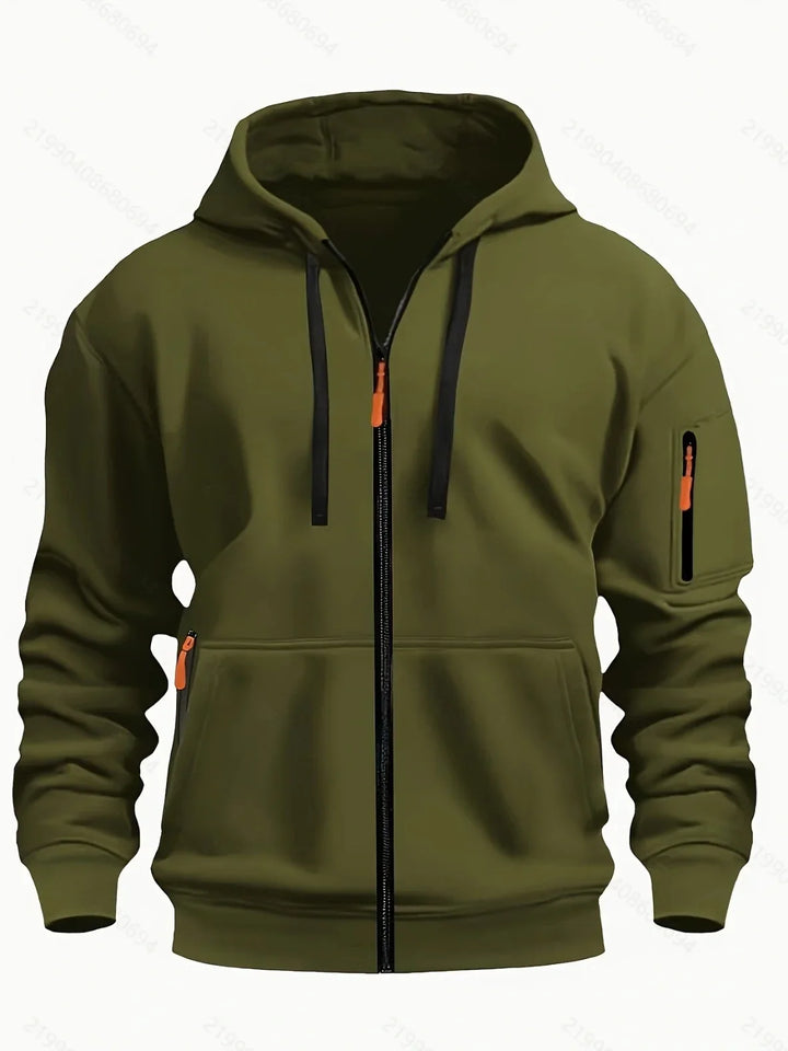 Men's olive green zip-up hoodie with black drawstrings and orange zipper pulls, featuring a front pocket and sleeve pocket