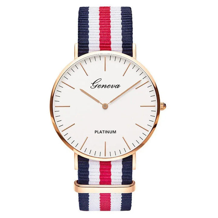 Geneva Platinum watch with a minimalist white dial and a striped navy, white, red fabric strap