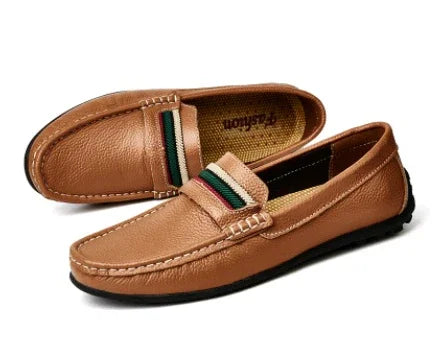 Tan leather loafers with green and red stripe detail and black soles, mens casual shoes