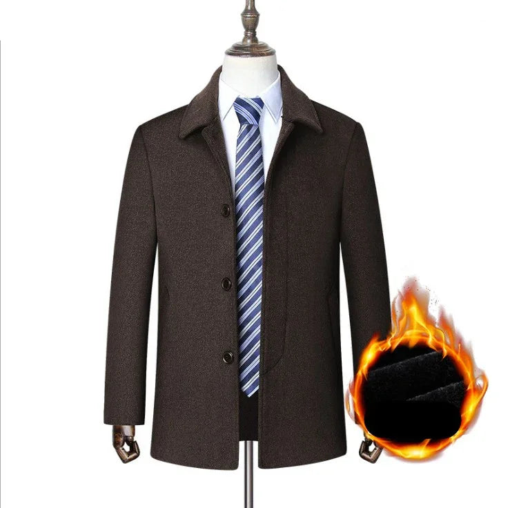 Men's dark brown wool coat with blue striped tie, suit jacket underneath, warm fabric indicated