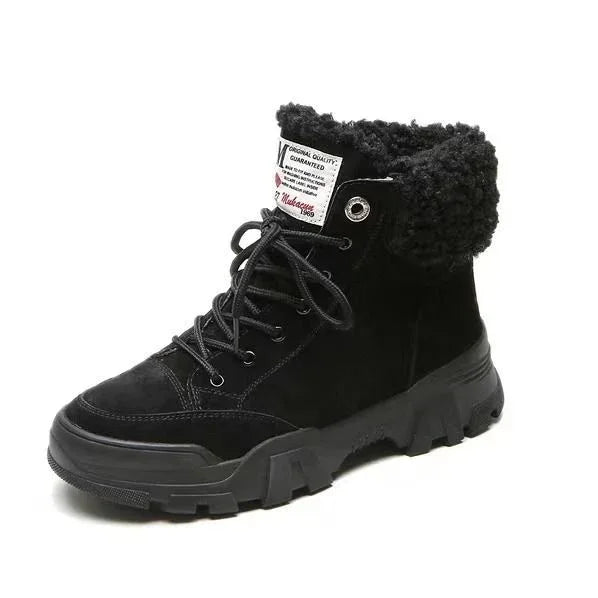 Black high-top winter boots with plush fur collar and thick rugged sole on white background