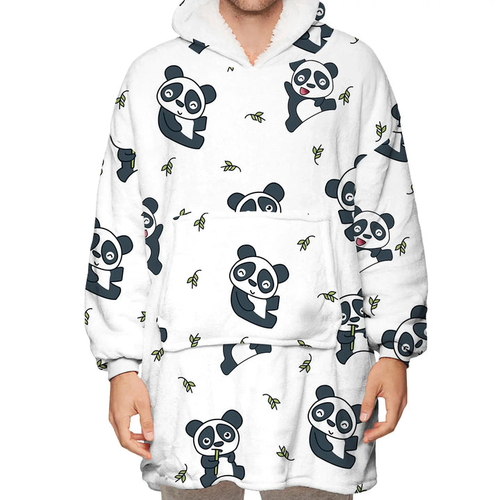 Cozy white sherpa hoodie blanket with cute cartoon panda and bamboo leaf print
