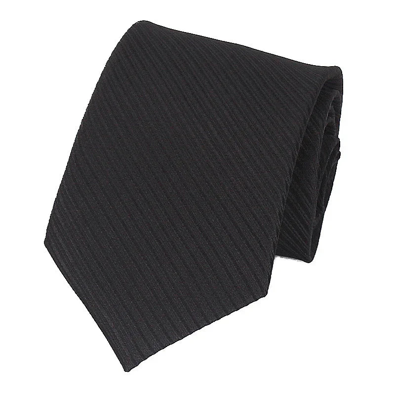 Black textured men's necktie with diagonal stripe pattern folded on white background