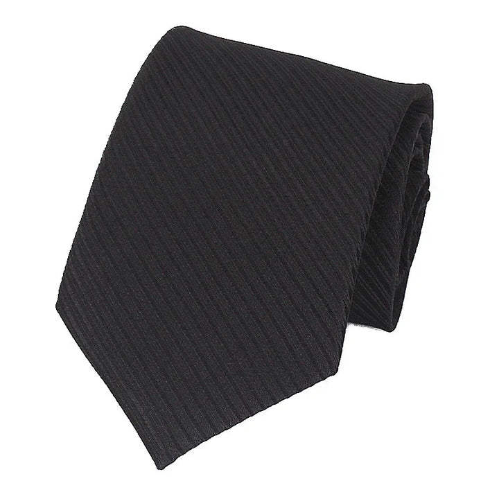 Black textured men's necktie with diagonal stripe pattern folded on white background