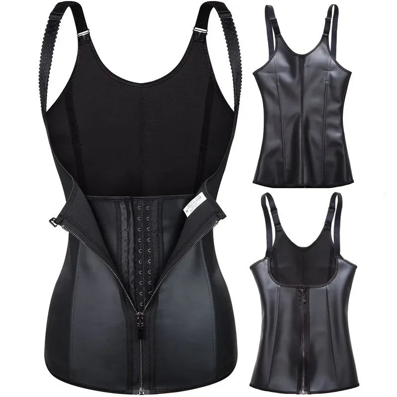 Black waist trainer corset vest with adjustable straps, zipper and hook closure, slimming shapewear