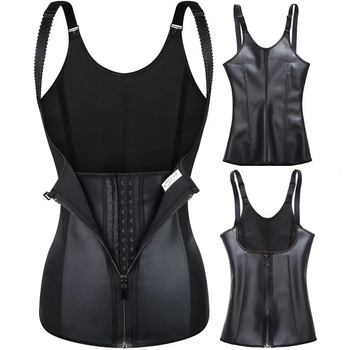 Black waist trainer corset vest with adjustable straps, zipper and hook closure, slimming shapewear