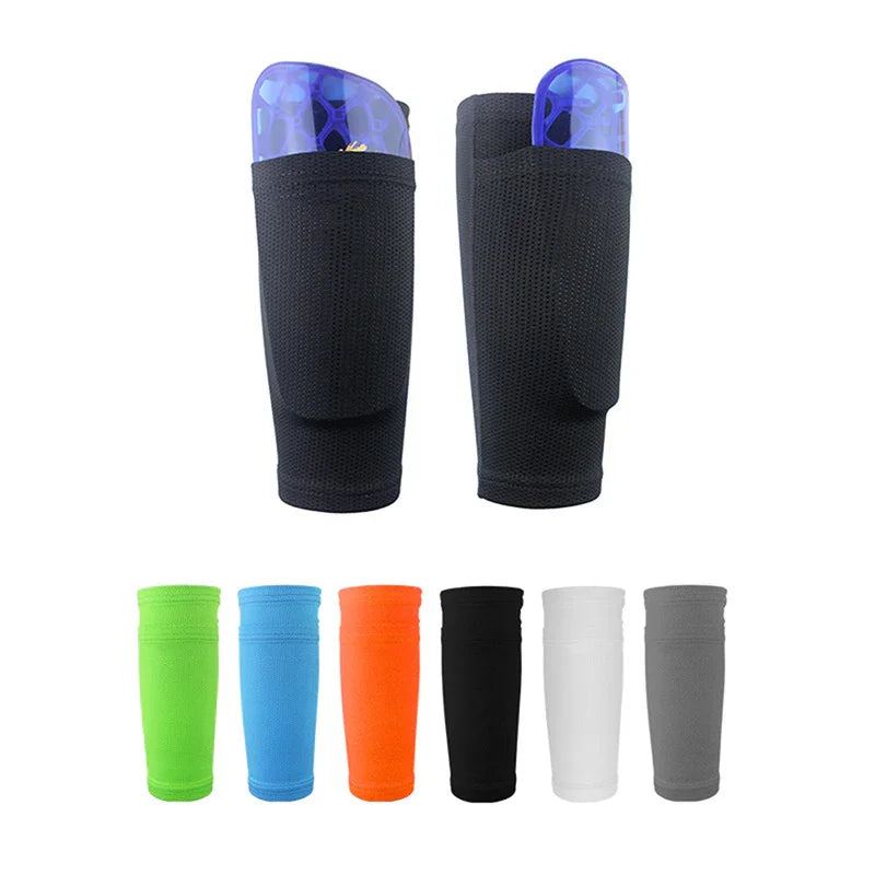 Soccer shin guard sleeves in black with pocket for guards, displayed with color options below