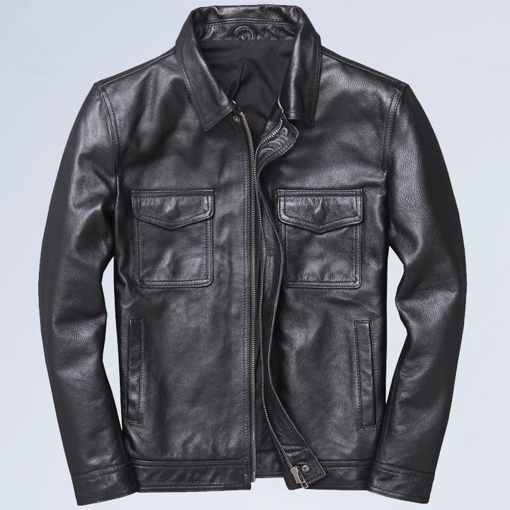 Black leather jacket with front zipper and four pockets on light gray background