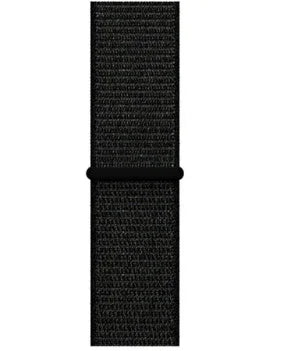 Black woven nylon watch band with loop fastener on white background