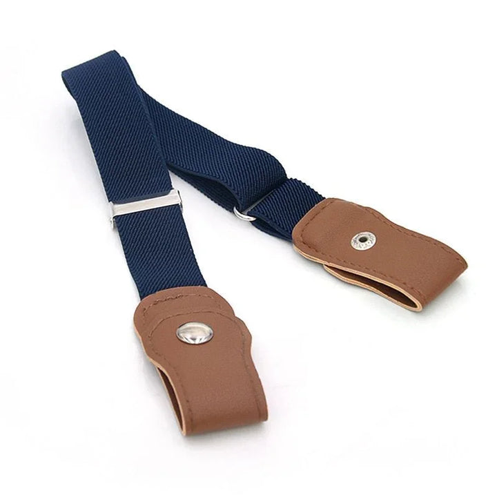 navy blue elastic suspenders with brown leather button-on ends on white background