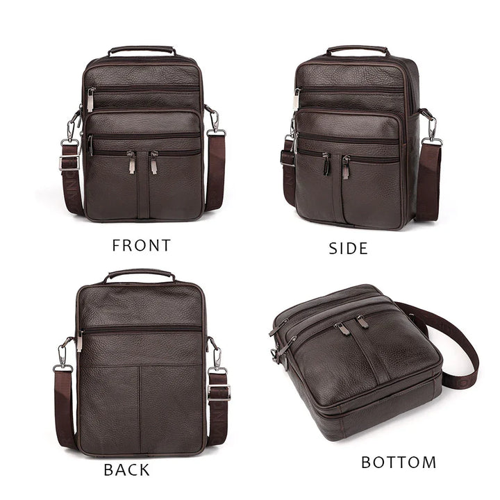 Dark brown leather crossbody bag showing front, side, back, and bottom views with zipper pockets and adjustable strap