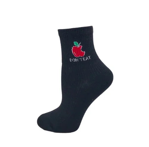 Black ankle sock with red bitten apple and text 'DON'T EAT' embroidered