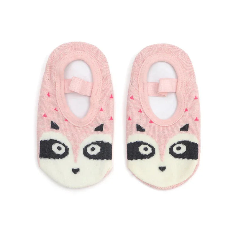 Pink baby socks with panda face design and small hearts, soft cotton slip-on style