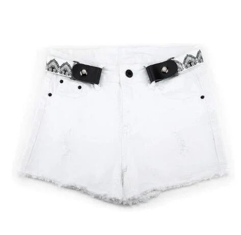 White denim shorts with frayed hem and black decorative straps on waistband