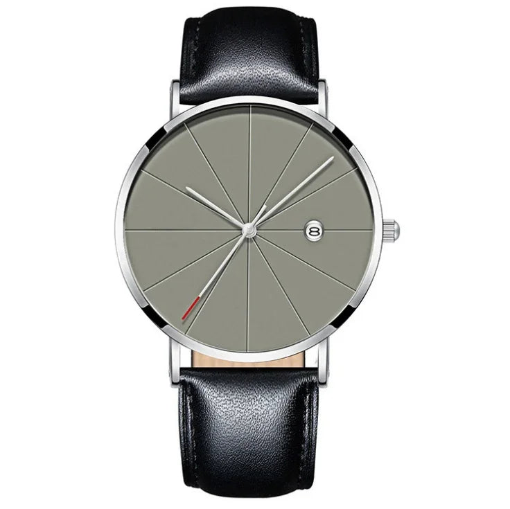 Minimalist wristwatch with grey segmented dial, black leather strap, and date display at 3 o'clock