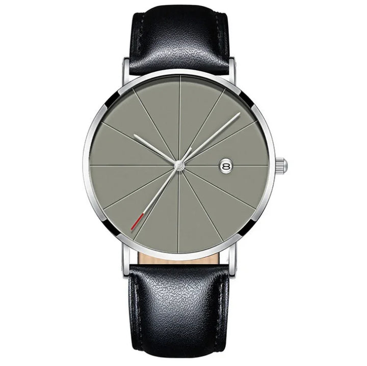 Minimalist wristwatch with grey segmented dial, black leather strap, and date display at 3 o'clock
