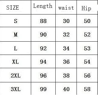 Clothing size chart with measurements for S to 3XL length, waist, and hip.