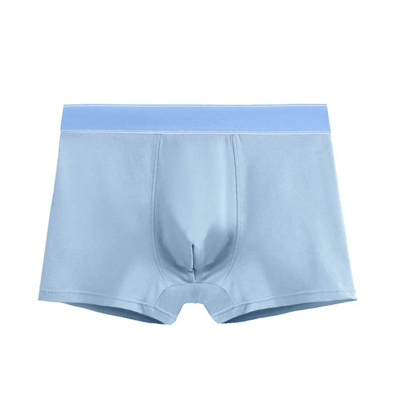 Light blue men's boxer briefs with elastic waistband on white background