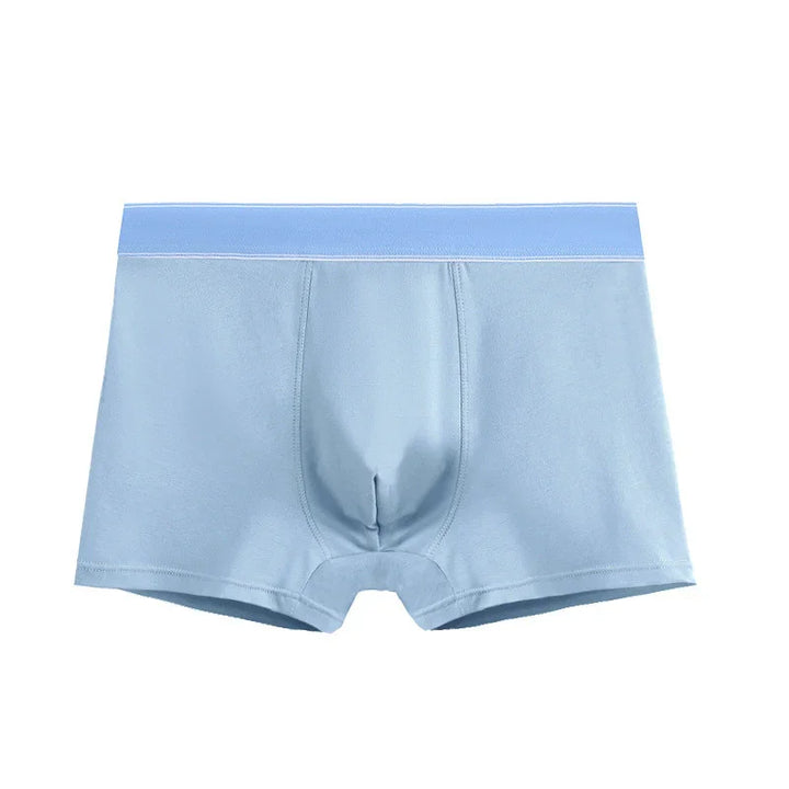 Light blue men's boxer briefs with elastic waistband on white background