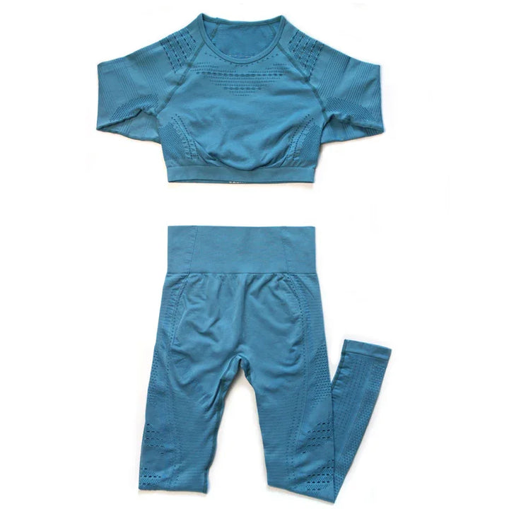 Blue seamless short-sleeve crop top and high-waisted leggings workout set with textured patterns