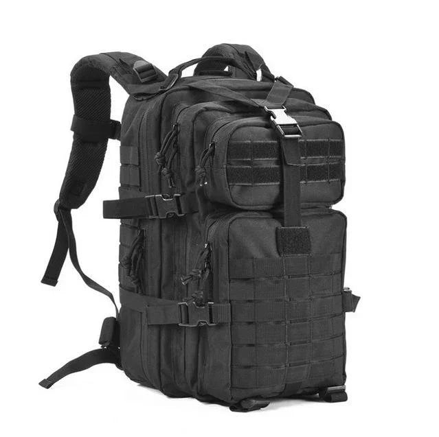 Black tactical backpack with multiple zippered compartments and MOLLE webbing on a white background.