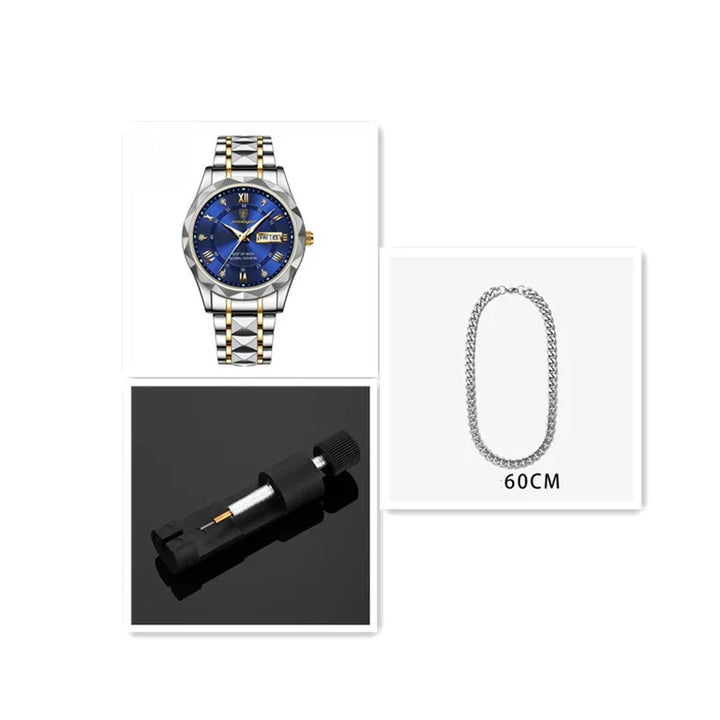 Stainless steel wristwatch with blue dial, silver chain necklace 60cm, and black watch repair tool on black background