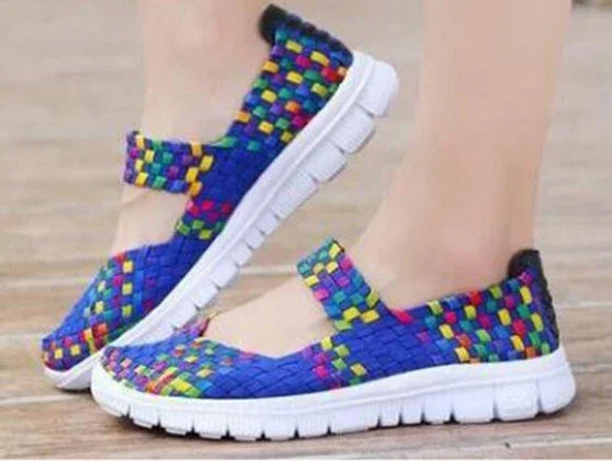 Blue woven Mary Jane casual shoes with colorful accents and white flexible sole