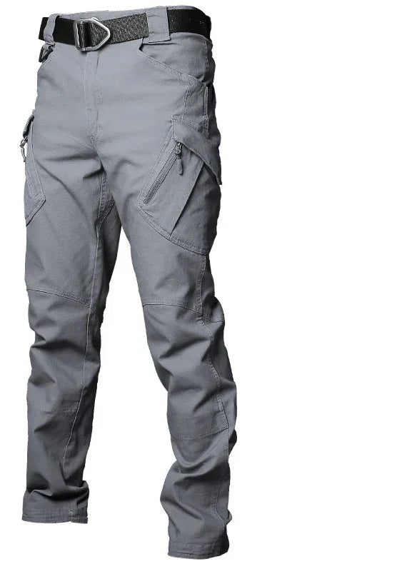 Men's gray tactical cargo pants with zipper pockets and black belt, durable workwear