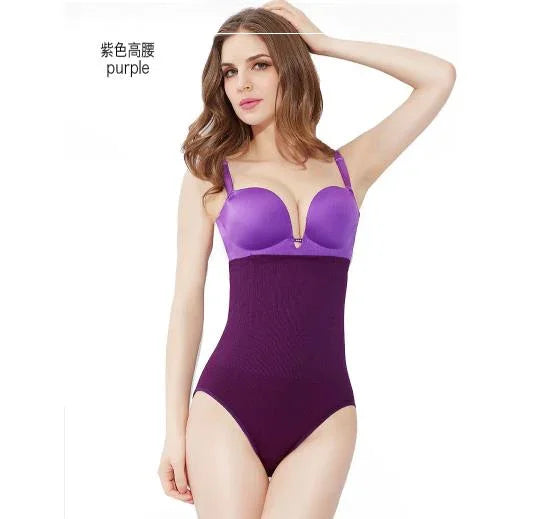 woman wearing purple high-waist shapewear bodysuit with adjustable straps on white background